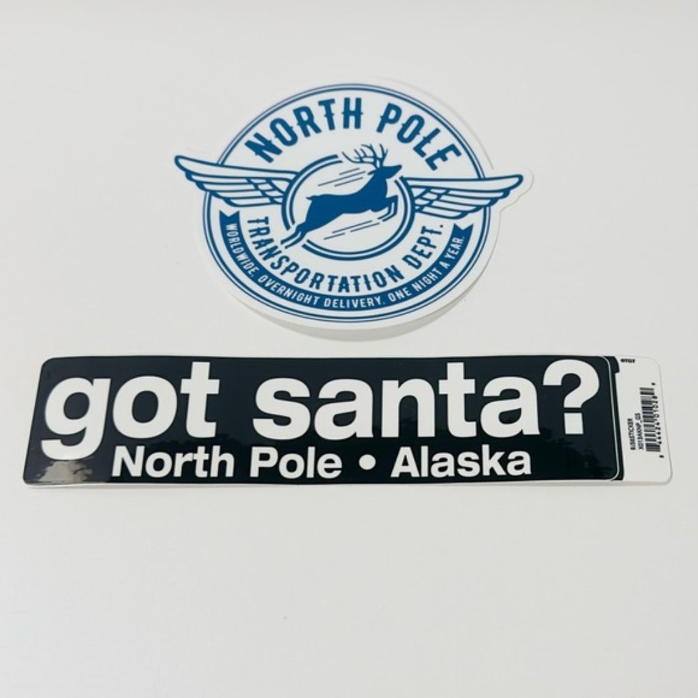 2 North Pole Alaska Stickers - Got Santa? and North Pole Transportation